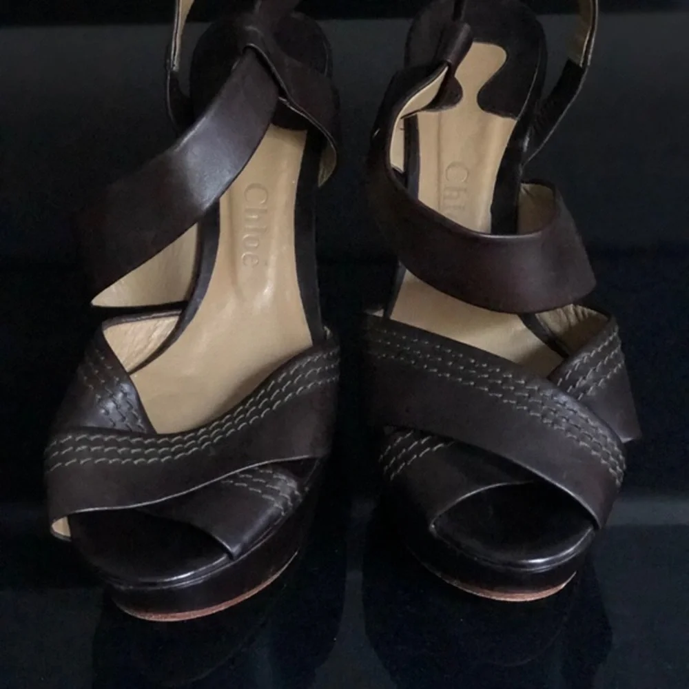 Chloé‎ Brown Leather Platform Wedge Sandals 38.5 Made Italy Designer Heels